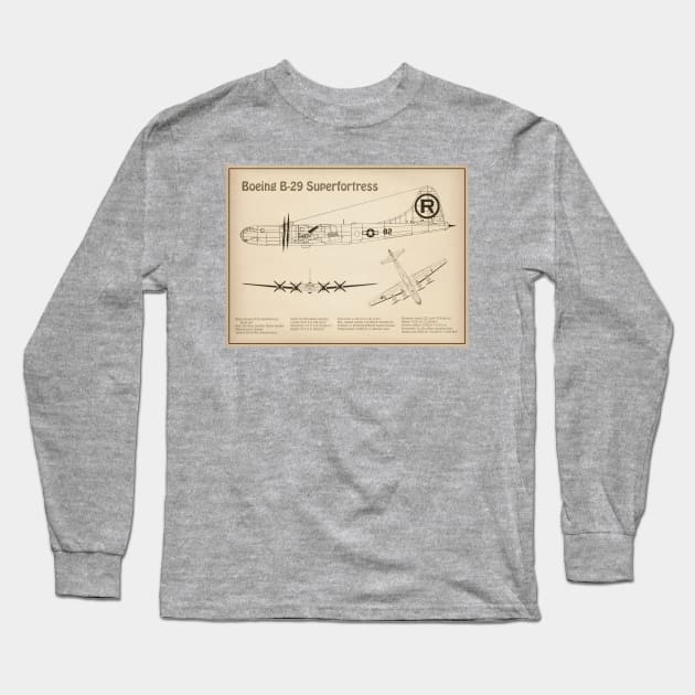 Boeing B-29 Superfortress Enola Gay - Airplane Blueprint - SD Long Sleeve T-Shirt by SPJE Illustration Photography